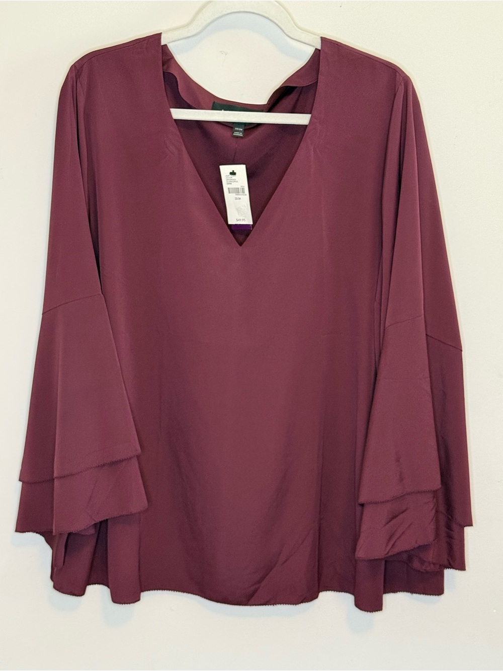 NWT - Lane Bryant Burgundy V-Neck Layered Bell Sleeve Blouse - Size 22/24